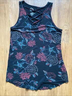 Maurices Black Floral Crisscross Tank Top with Pink & Blue Accents size Medium
